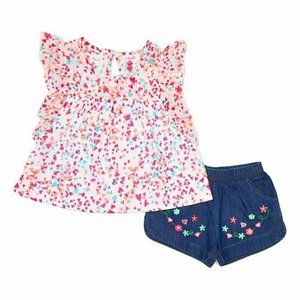 Chiffon Hearts Print Blouse and Embroidered Shorts